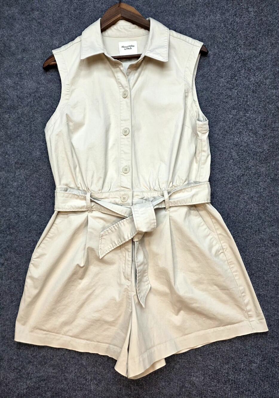 Abercrombie & Fitch Beige Belted Utility Romper Sleeveless Collared Large Safari